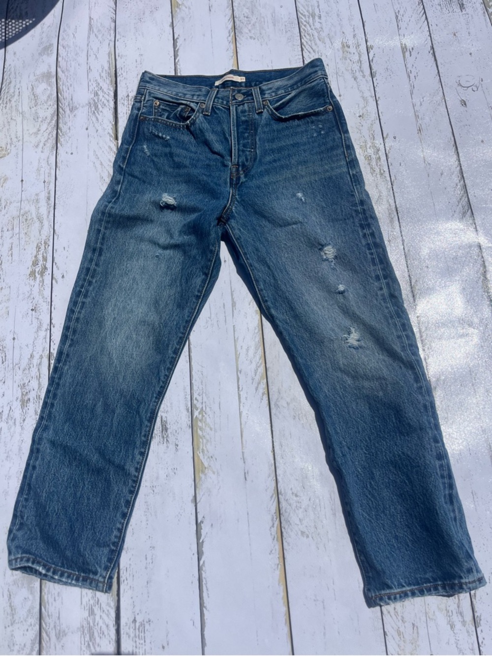 Levi's Straight Leg Jeans in Distressed Dark Blue Denim
